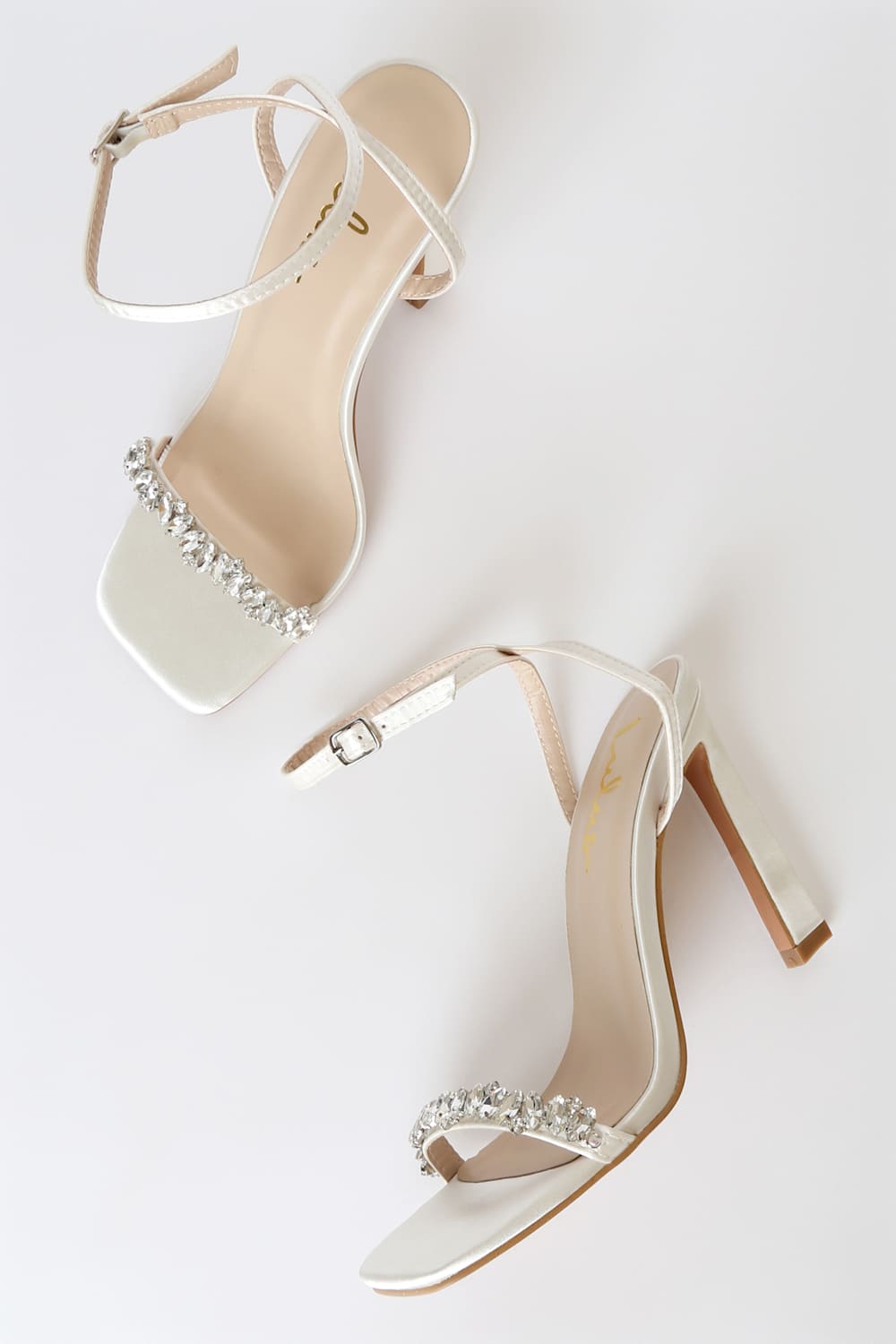 Goldiena White Satin Rhinestone Ankle Strap Heels