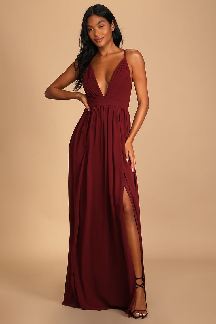 Burgundy Maxi Dress - Chiffon Maxi Dress - Pleated Maxi Dress - Lulus