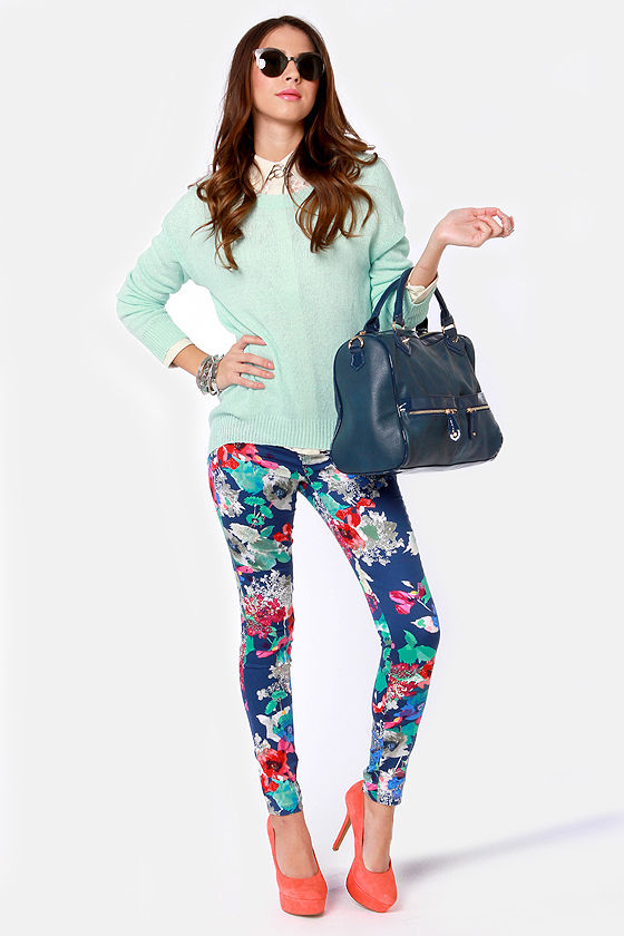 Cute Blue Pants Floral Print Pants Skinny Pants 42.00 Lulus