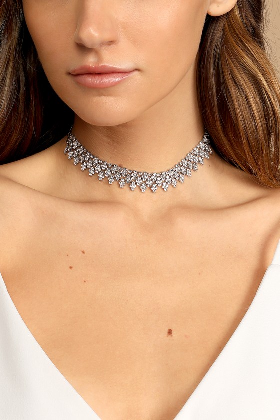 Trendy Luxury Rhinestone Crystal Party Jewelry Sets Silver Color Geometric  Choker Necklace Earrings Elegant Wedding Jewelry Sets