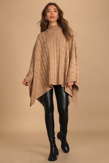 Autumn Memories Taupe Cable Knit Poncho