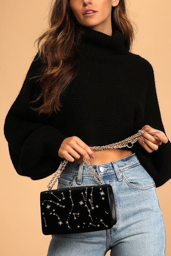 Stars in the Sky Black Velvet Embroidered Crossbody Bag 1