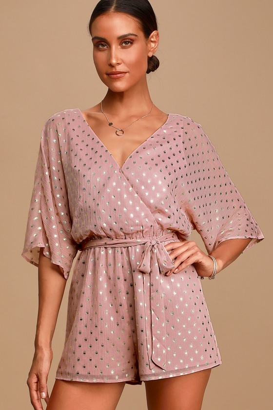 Pretty Gold and Mauve Print Romper - Short Sleeve Surplice Romper - Lulus