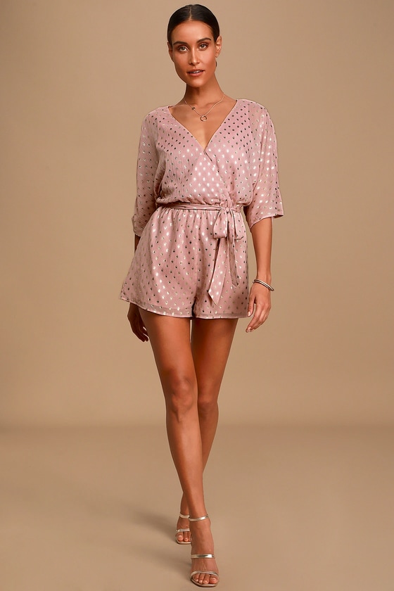Pretty Gold and Mauve Print Romper - Short Sleeve Surplice Romper - Lulus