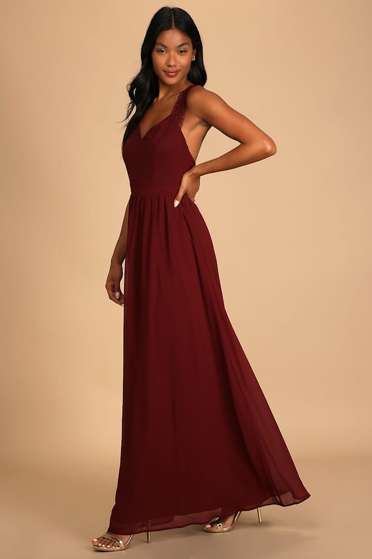 Passionate Promise Burgundy Lace Strap V-Neck Maxi Dress