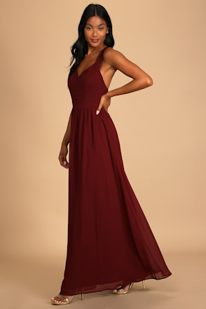 burgundy crochet maxi dress Luana Burgundy Plunging Fur Trimmed Crochet Maxi Dress by Miss Circle New  York