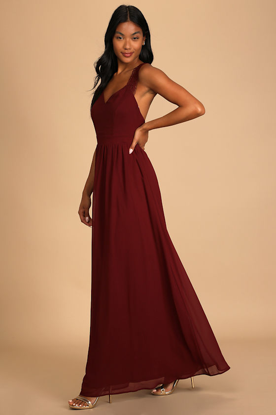 Passionate Promise Burgundy Lace Strap V-Neck Maxi Dress 6