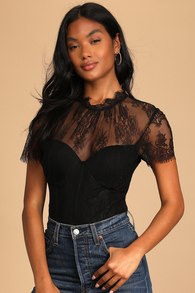 Alluring Charisma Black Lace Bustier Short Sleeve Bodysuit