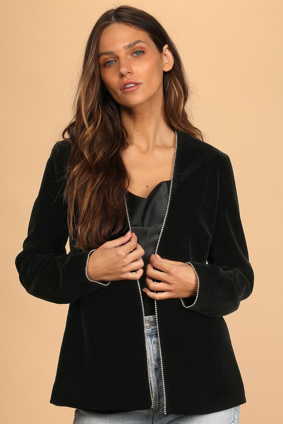 Black Velvet Blazer - Rhinestone Blazer - Open-Front Blazer - Lulus