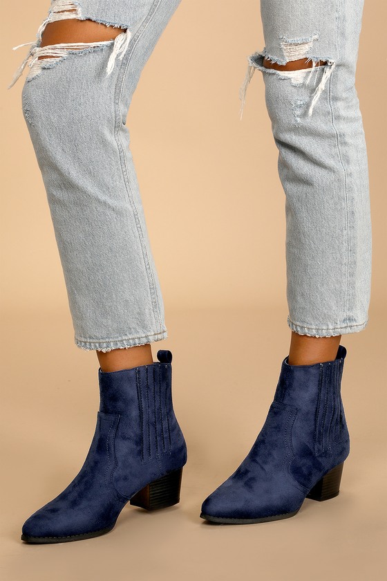 Allon Velvet High Heel Booties by Report Signature in Navy Blue @ ShopAA -  Metal Toe - Block Heel