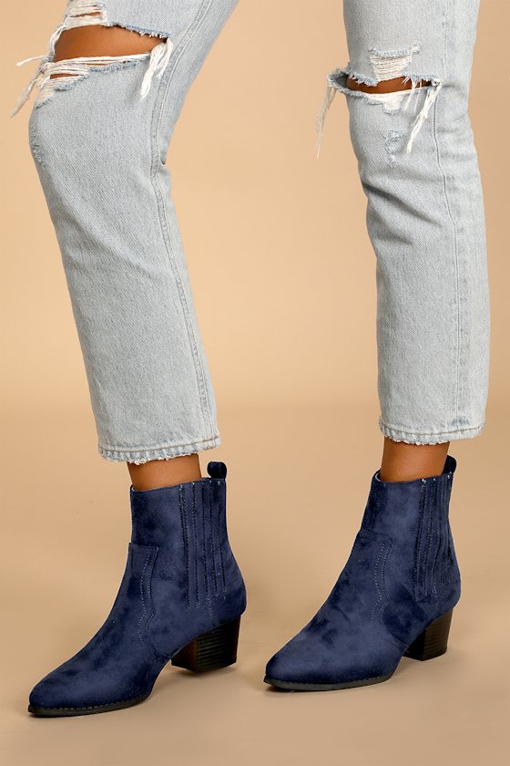 Karra Navy Blue Suede Pointed-Toe Ankle Booties 1