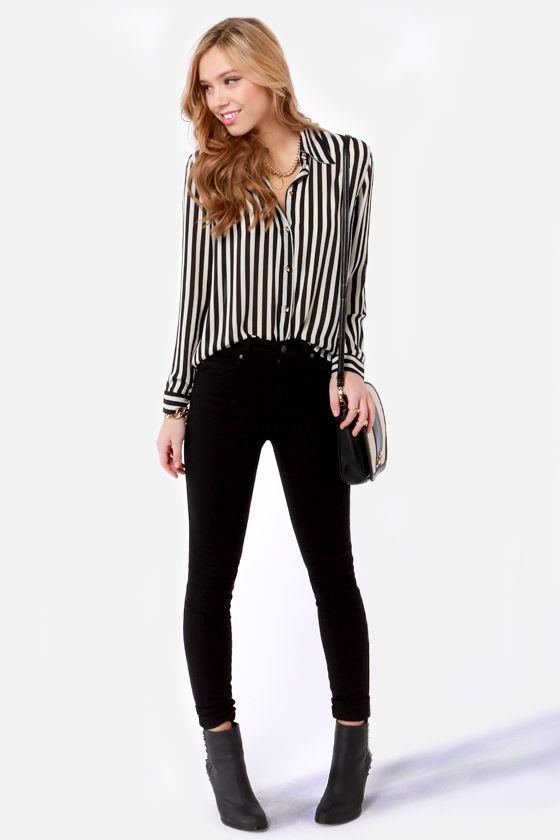 black and white striped top with jeans