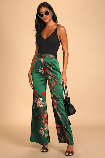Thriving Vibes Green Floral Print Satin Wide-Leg Pants 5