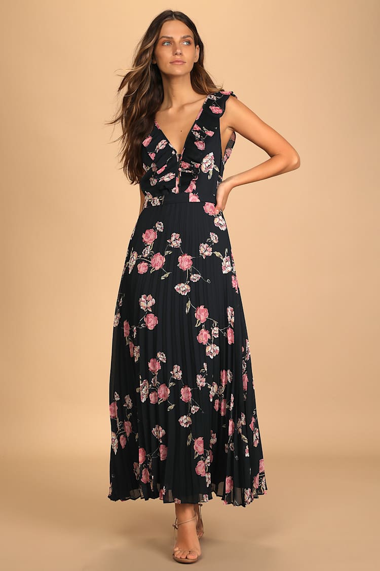 lulus navy floral maxi dress Floral Print Dress - Navy Blue Maxi Dress - Wrap Maxi Dress