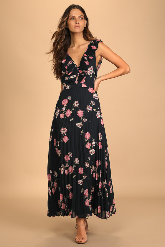 Navy Blue Floral Print Dress - Maxi Dress - Pleated Dress - Lulus