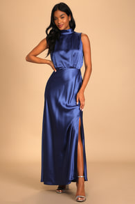 Classic Elegance Blue Satin Sleeveless Mock Neck Maxi Dress
