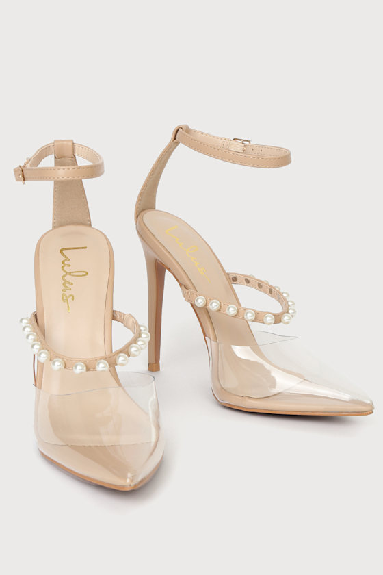 Pearsie Light Nude Vinyl Pearl Studded Ankle Strap Pumps 4