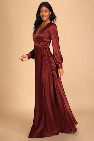 petite burgundy satin wrap detail maxi dress Living A Dream Burgundy Red Satin Maxi Dress – Shop the Mint main image 0