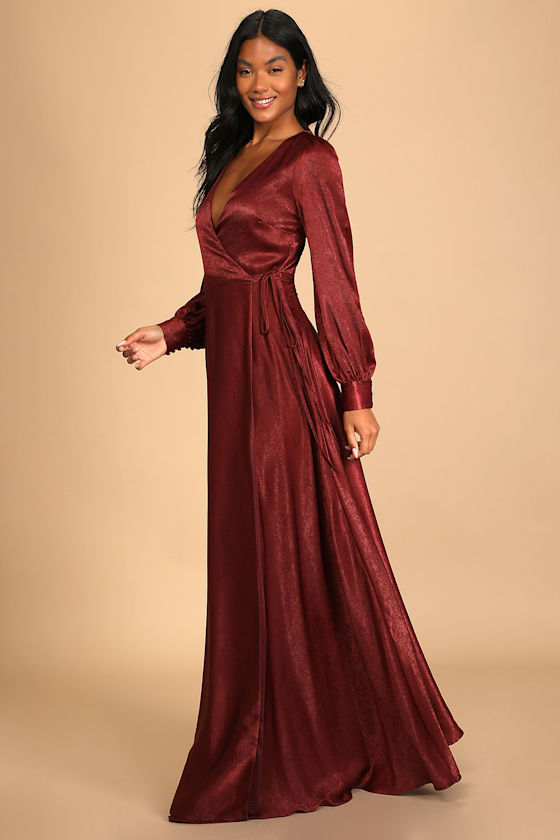 Have Faith Burgundy Satin Button Sleeve Wrap Maxi Dress 5