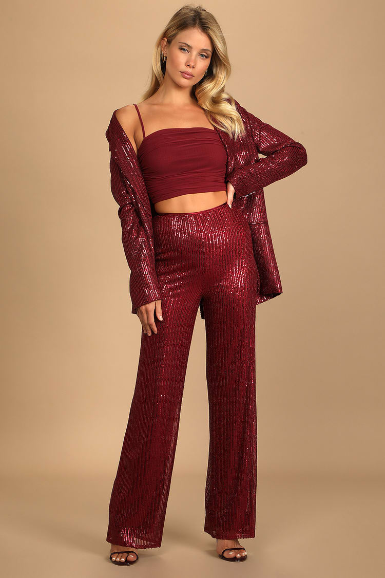 Wine Red Sequin Pants - High Pants - Sequin Trousers -