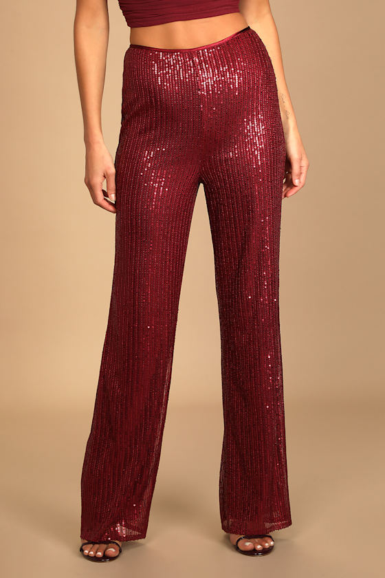 You've Got the Sparkle Wine Red Sequin Wide-Leg Pants 4