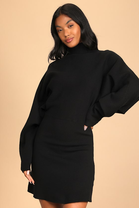 Black Mini Dress - Mock Neck Dress 