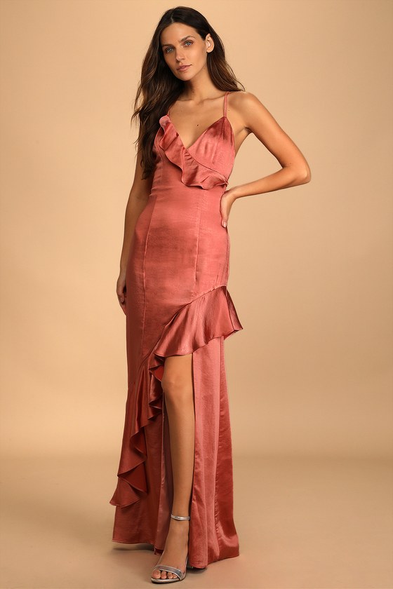 Terra Cotta Satin Dress - Ruffled Maxi Dress - Satin Maxi Dress - Lulus