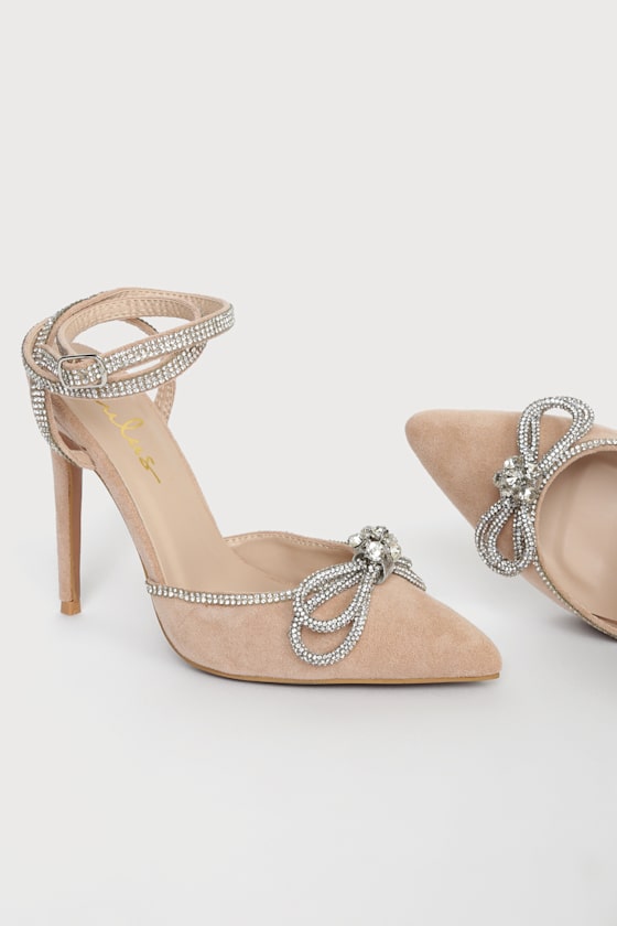 Lullie Light Nude Suede Rhinestone Ankle Strap Pointed-Toe Pumps 3