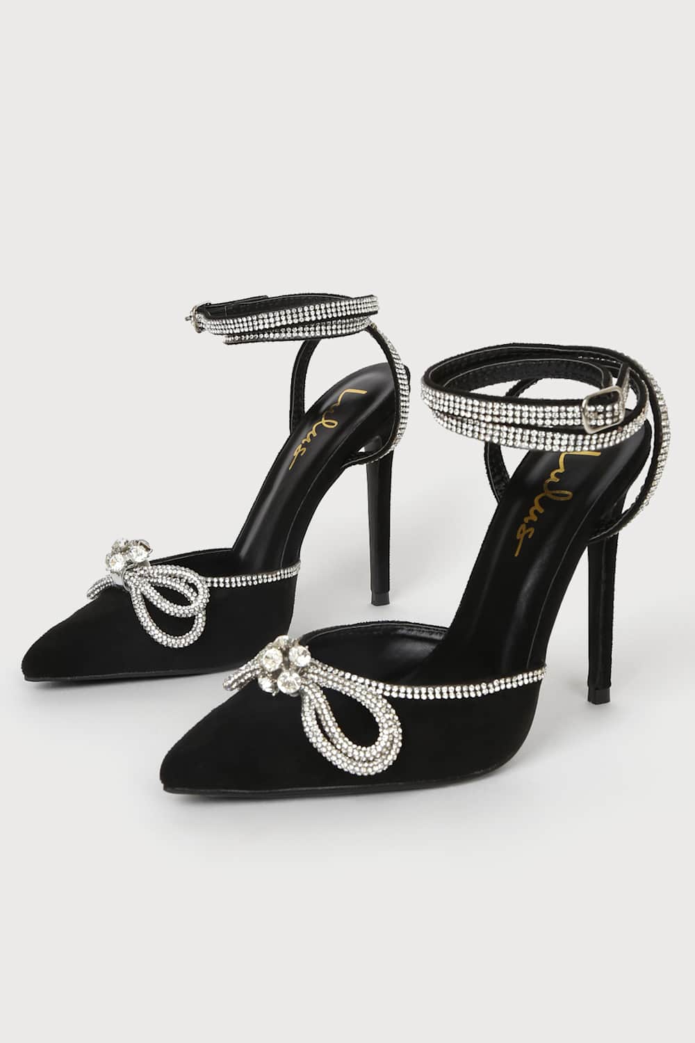 Lullie Black Suede Rhinestone Ankle Strap Pointed-Toe Pumps