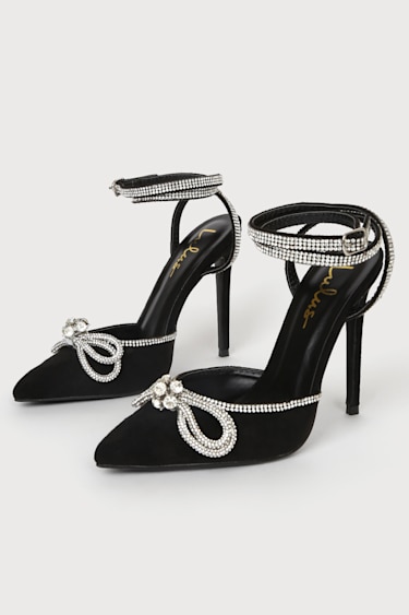 Shoes For Women 2025 Rhinestone High Heels Pointed Toe Diamond With Crystals Bow Pumps On Heeled Black Ladies Summer Footwear