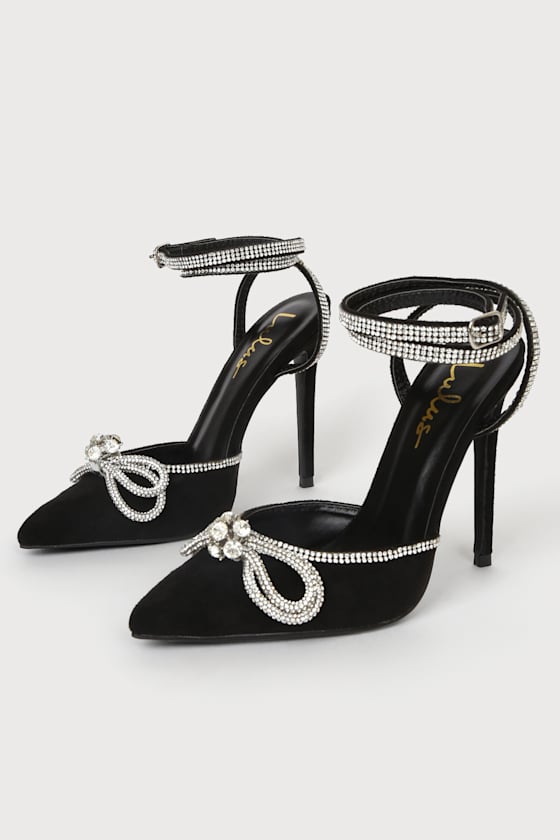Lullie Black Suede Rhinestone Ankle Strap Pointed-Toe Pumps 3