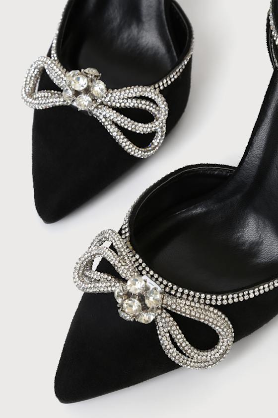 Black Rhinestone Heels - Suede Pumps - Ankle Strap Pumps - Image 3