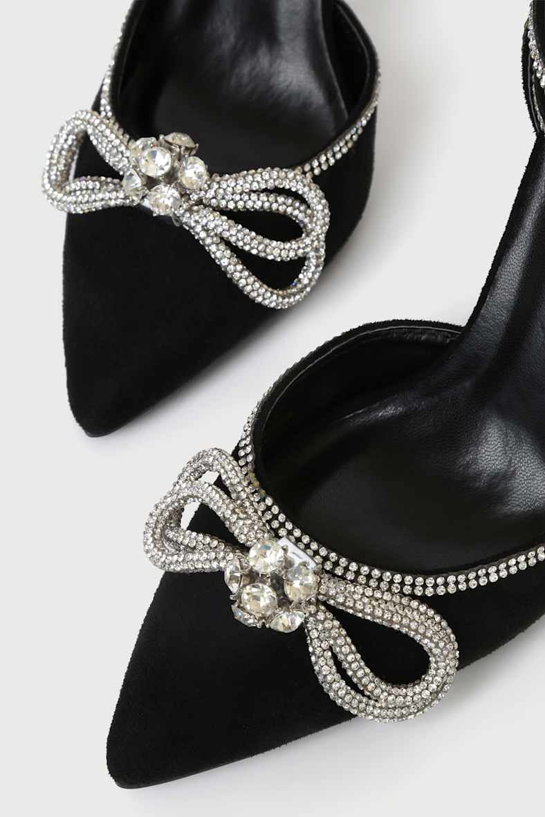 Lullie Black Suede Rhinestone Ankle Strap Pointed-Toe Pumps