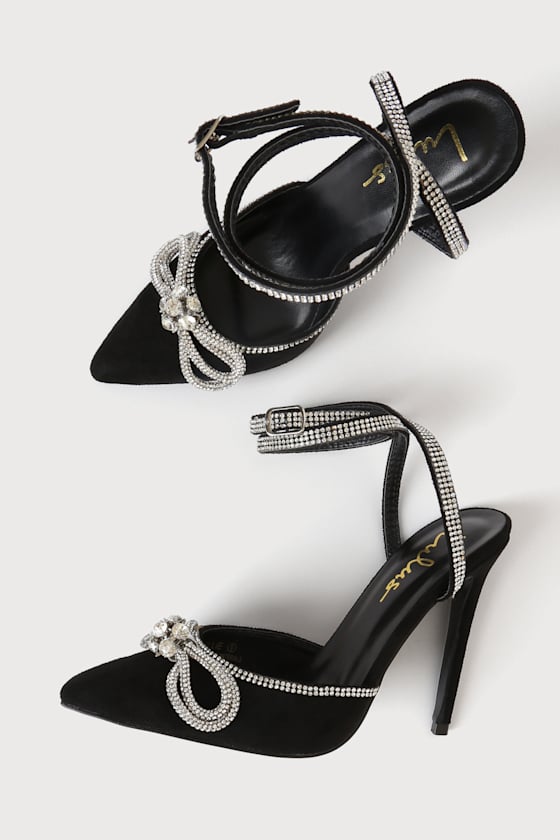 Black Rhinestone Heels - Suede Pumps - Ankle Strap Pumps - Image 4