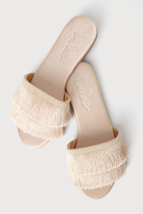 Maelie Light Nude Satin Fringe Slide Sandals 4