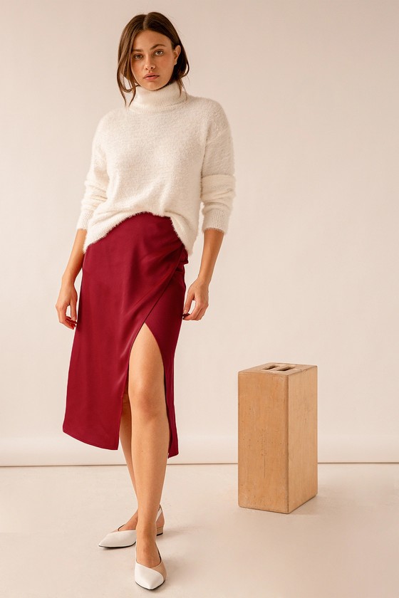 All Time Favorite Wine Red Satin Faux Wrap Midi Skirt