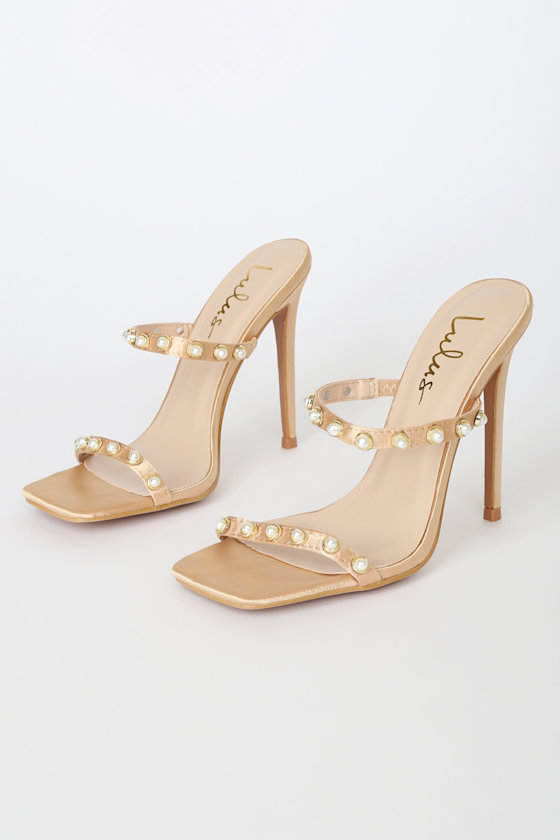 Luwe Gold Satin Pearl Square Toe High Heel Sandals 2
