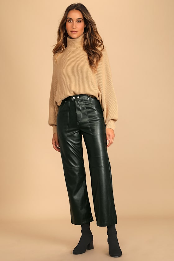The Baxter Dark Green Vegan Leather Straight Leg Pants 1