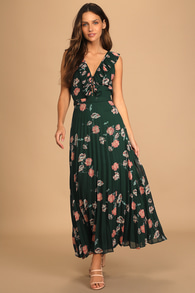 Loved By You Dark Green Floral Print Pleated Chiffon Maxi Dress