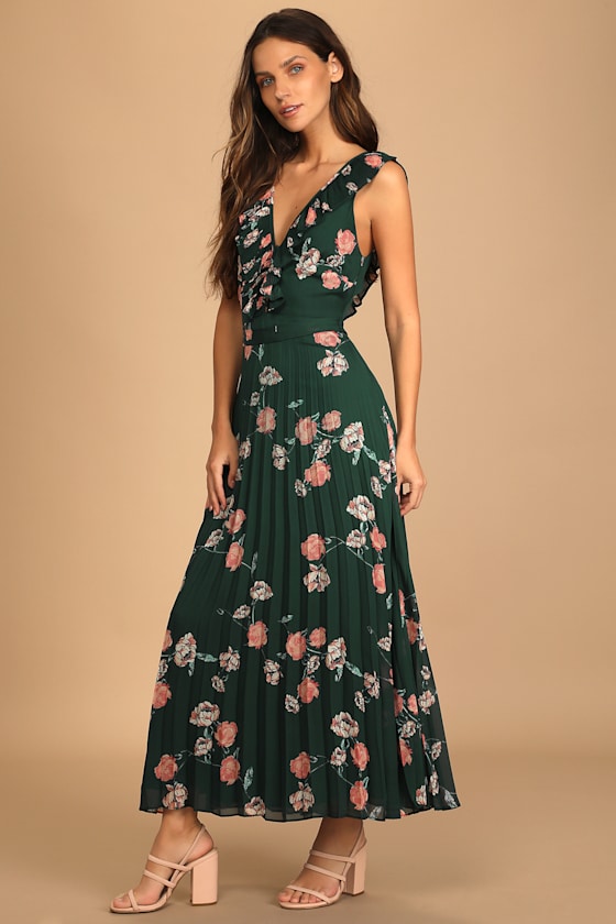 Loved By You Dark Green Floral Print Pleated Chiffon Maxi Dress 5