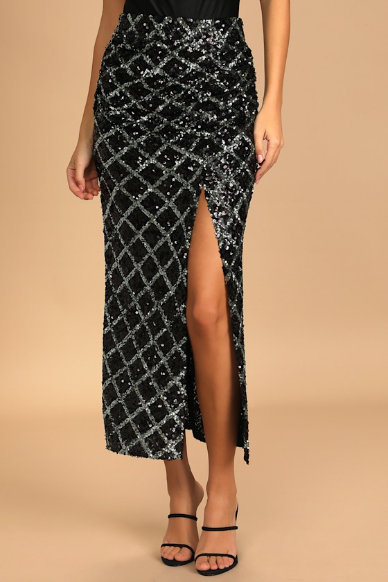 Came Here to Shine Black Multi Sequin Ruched Midi Skirt 4