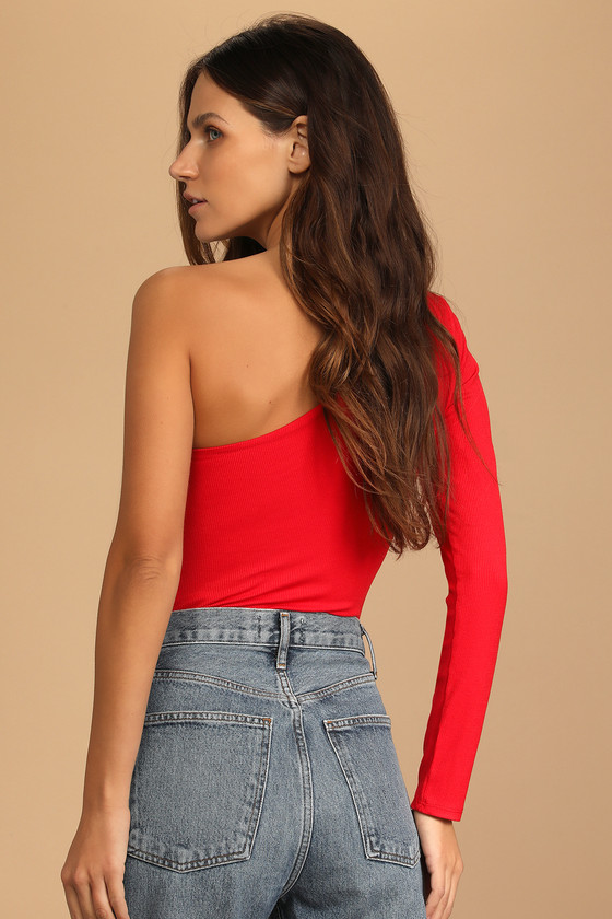 Red one shoulder top long sleeve top