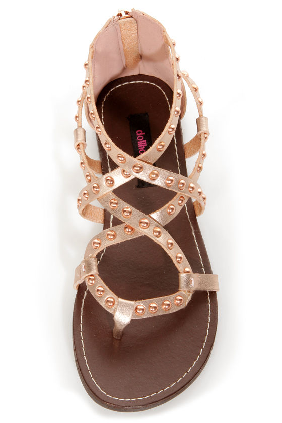 Dollhouse Gladiator Rose Gold Studded Strappy Flat Sandals - $36.00
