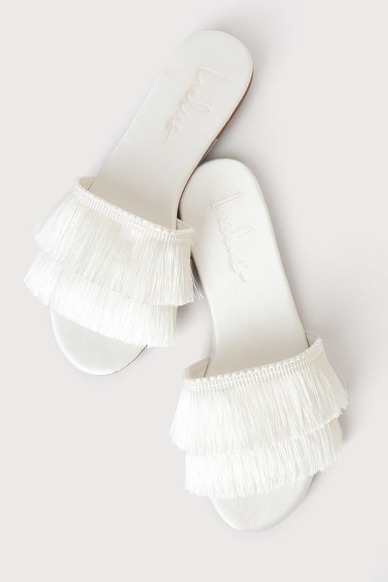 Maelie White Satin Fringe Slide Sandals