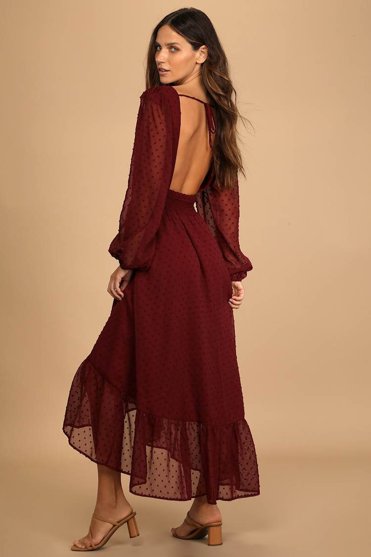 Burgundy Dress - Swiss Dot Dress - Tie-Back Dress - High-Low Midi - Lulus