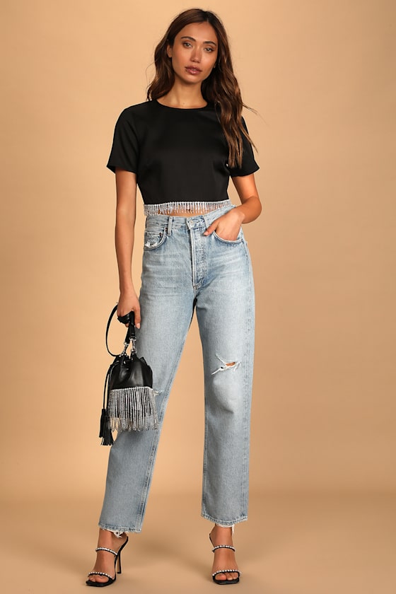 Sparkle Hour Black Short Sleeve Rhinestone Fringe Crop Top 5
