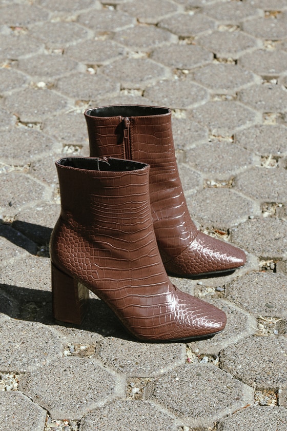 My Generation Brown Crocodile High Heel Mid-Calf Boots