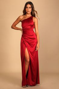 Dreaming of Elegance Wine Red Satin One-Shoulder Maxi Dress
