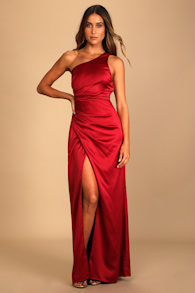 Dreaming of Elegance Wine Red Satin One-Shoulder Maxi Dress 5