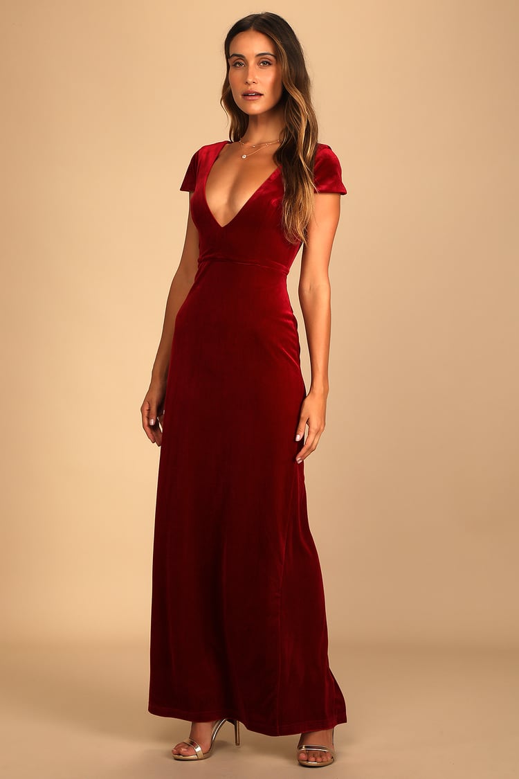 Feeling Flawless Wine Red Velvet V-Neck Maxi Dress